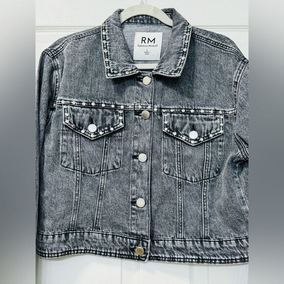 NWOT Rebecca Minkoff Studded Light Black Wash Denim Jean Jacket Women’s Sz L - Picture 2 of 16